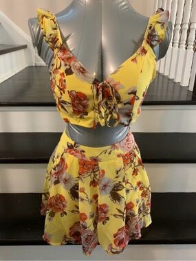 Yellow Floral Two-Piece Crop Top + Shorts Set